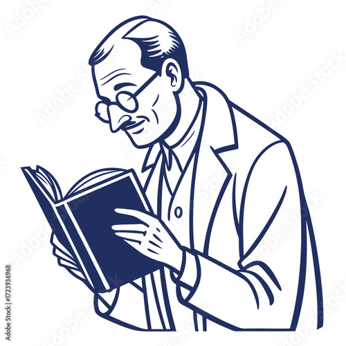 A distinguished gentleman wearing glasses and a suit reads a book with focused concentration