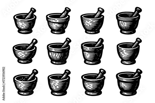 Rustic hand drawn mortar and pestle set in monochrome style