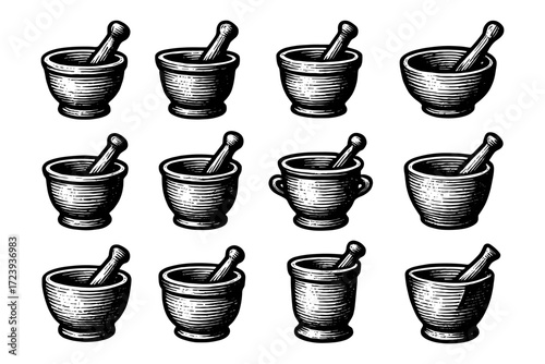 Vintage mortar and pestle set in etched black and white style