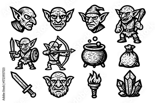 Fantasy goblin set with weapons and magic cauldron in engraved style