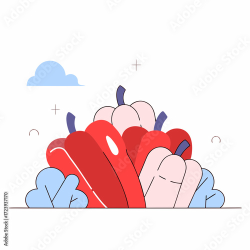 A vibrant illustration of a pile of red and pink bell peppers, with stylized blue clouds and decorative plus signs against a