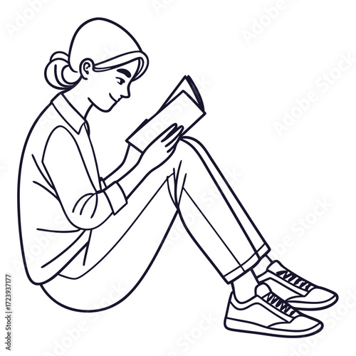 A young woman with her hair in a bun sits cross legged reading a book with a smile