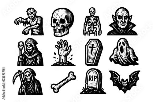 Monochrome halloween icons: zombie, skull, vampire, grim reaper, and tombstone art collection