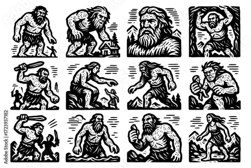 Mythical monsters woodcut style depicting giant beast adventures in black and white