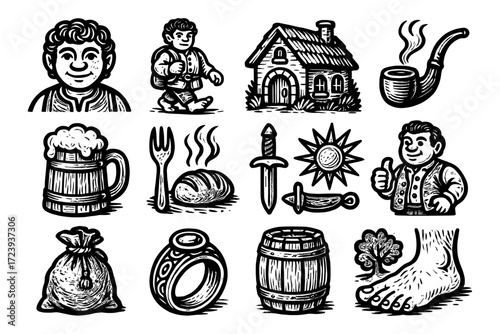 Fantasy adventure objects and characters in vintage black and white woodcut style