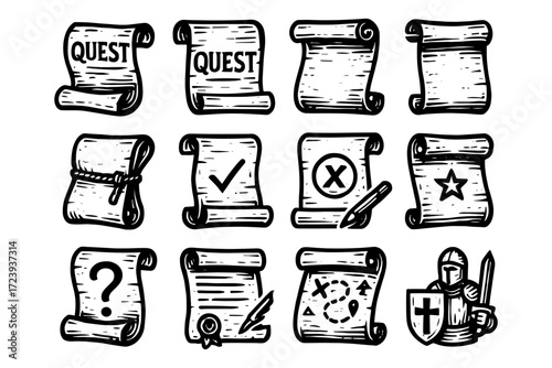 Quest adventure scrolls set with medieval icons and symbols