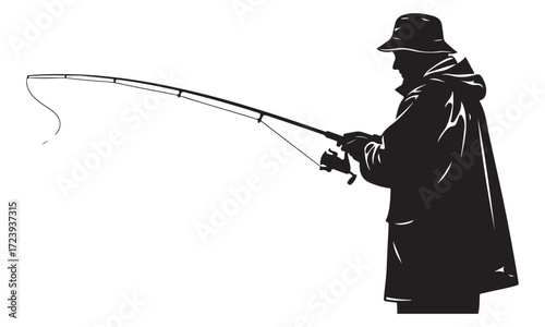 Silhouette of a Fisherman Casting a Line with Rod and Reel