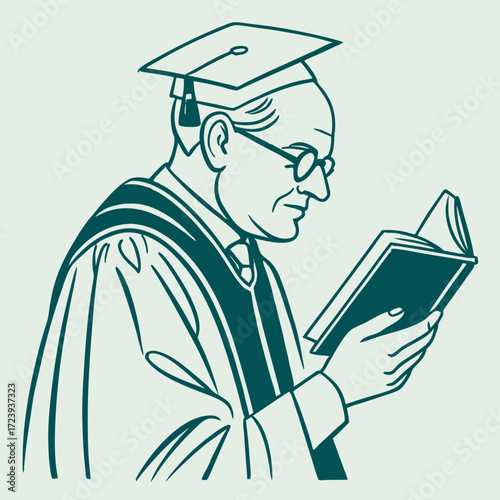 Elderly scholar wearing graduation cap and gown reads a book with glasses on