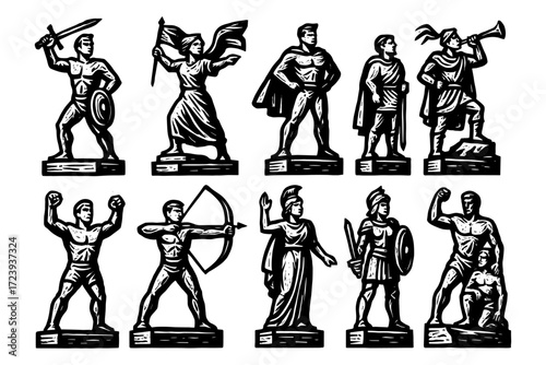 Classic heroic statues: vintage black and white engravings of brave warriors and mythological figures