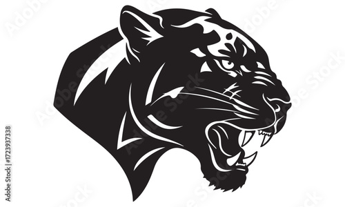 Stylized Black Big Cat Head Roaring Silhouette Graphic