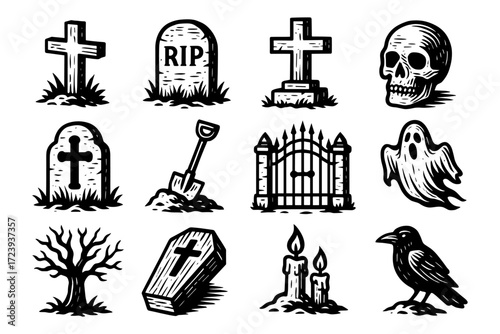 Vintage gothic halloween icons: skulls, ghosts, and graveyard elements in black and white