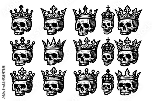 Vintage skulls with crowns: monochrome gothic design with ornate details