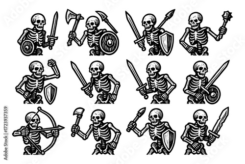 Vintage skeleton warriors with medieval weapons in black and white