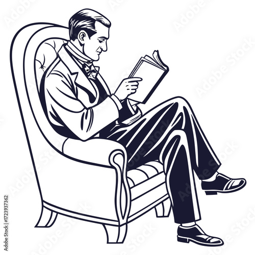 Elegant gentleman in a suit and bow tie sitting in a plush armchair reading a book