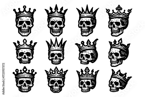 Crowned skulls patterned design in vintage black and white style