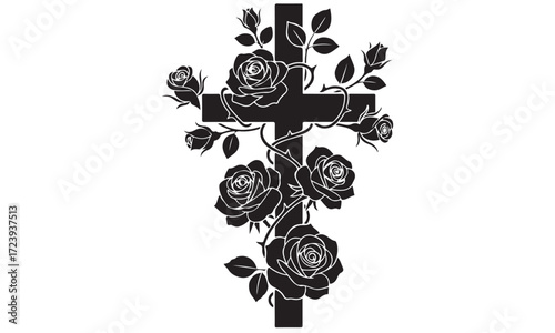 Christian Cross Adorned with Roses Silhouette