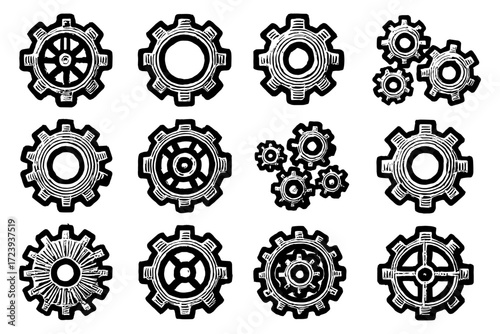 Hand-drawn gear set collection: vintage mechanical cogwheel designs