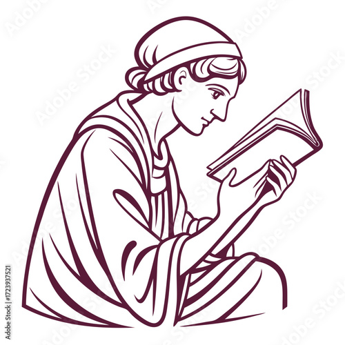 Line art illustration of a person in ancient roman attire reading a book with focus and contemplation