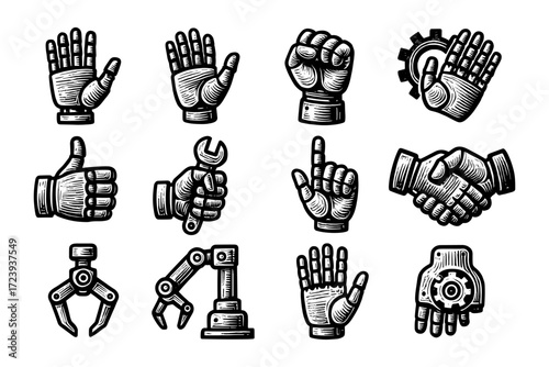 Vintage robotic hand gestures: engraved style icon collection