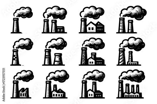 Industrial chimney emissions: twelve monochrome factory designs with smoke clouds
