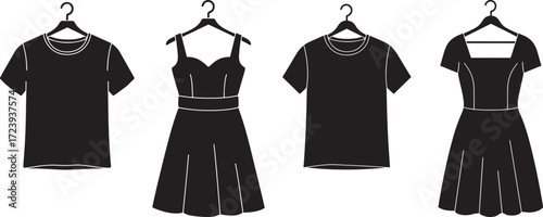 Collection of black dresses and t shirts on hangers silhouette