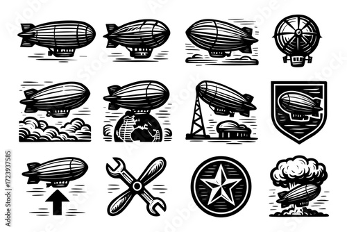Vintage airship designs: detailed retro dirigibles and zeppelins with iconic elements