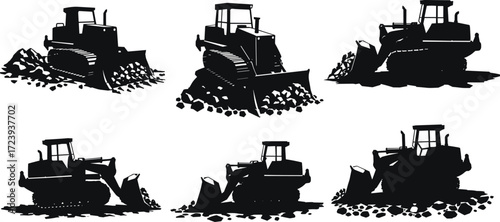 Bulldozer construction machinery silhouette pushing rocks soil earthmoving heavy equipment industrial machine road work site vector illustration design