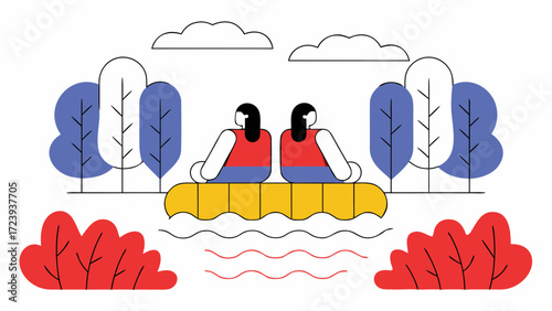 Two people in a canoe on the water surrounded by trees and clouds, flat illustration style