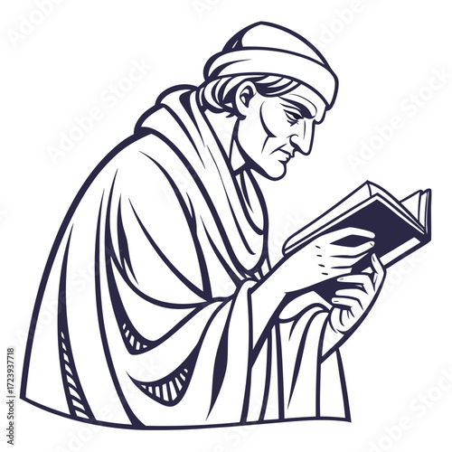 Monk or scholar in traditional robe and cap deeply engrossed in reading an open book
