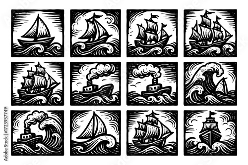 Vintage nautical ships and waves in monochrome woodcut style