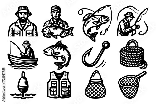 Vintage fishing collection: iconic black and white designs featuring fishermen, fish, and gear