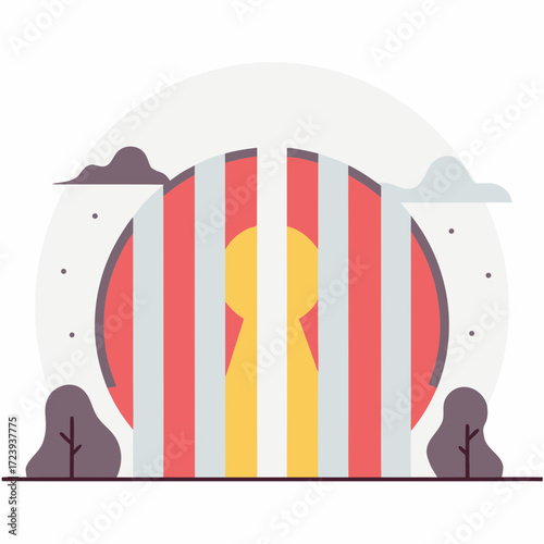 A stylized illustration of a person silhouette behind prison bars, symbolizing confinement, freedom, or justice