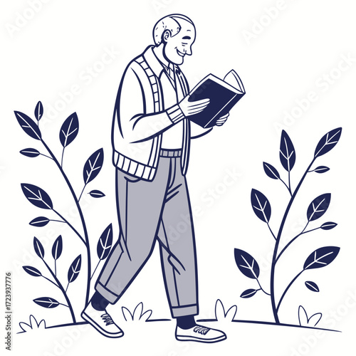 Smiling elderly man walking and reading a book outdoors surrounded by stylized plants and grass