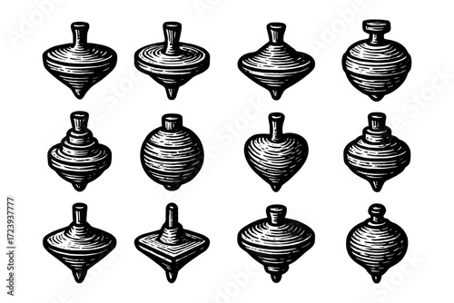 Detailed hand-drawn wooden spinning tops collection in monochrome style
