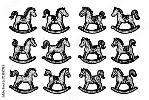 Vintage wooden rocking horse pattern in hand-drawn style