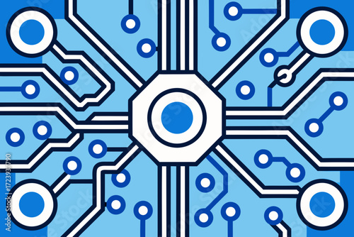 Abstract digital circuit board with blue lines and circles, representing technology and connectivity in a modern, futuristic design