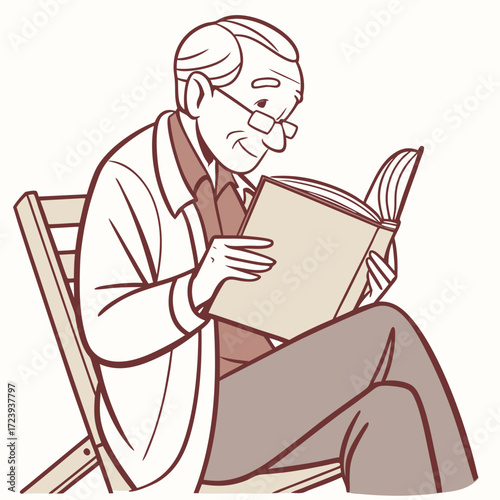 Smiling elderly man wearing glasses and a jacket sits in a chair reading a book