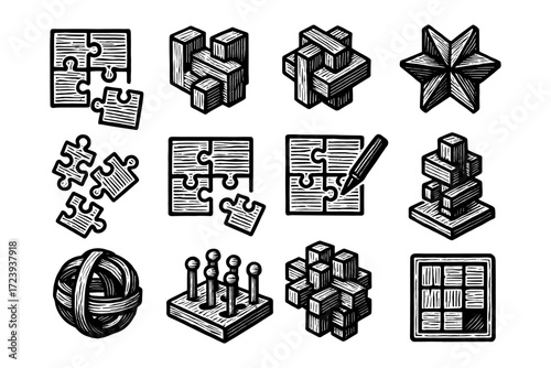 Hand-drawn puzzle elements and brain teasers collection