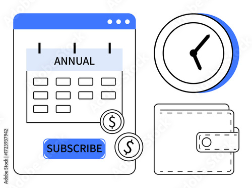 Annual subscription calendar with Subscribe button, dollar coins, clock emphasizing time management, and minimalist wallet for payment. Ideal for finance, saving, subscription, budgeting