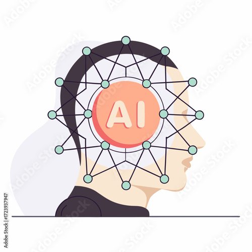 Artificial intelligence concept with ai text inside a human head silhouette connected by a neural network