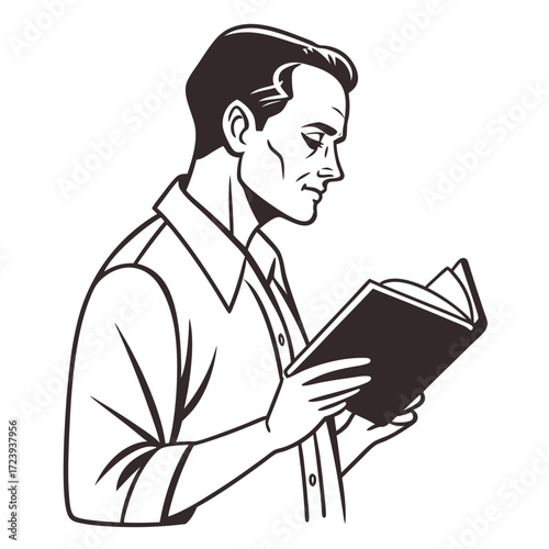 Stylized illustration of a man in profile wearing a collared shirt reading a book