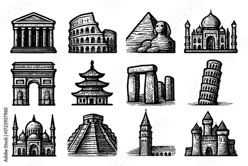 Iconic world landmarks in detailed hand drawn style set against white background