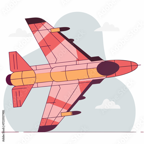 A stylized illustration of a red and yellow fighter jet in flight, with clouds in the background, depicting aviation and military power