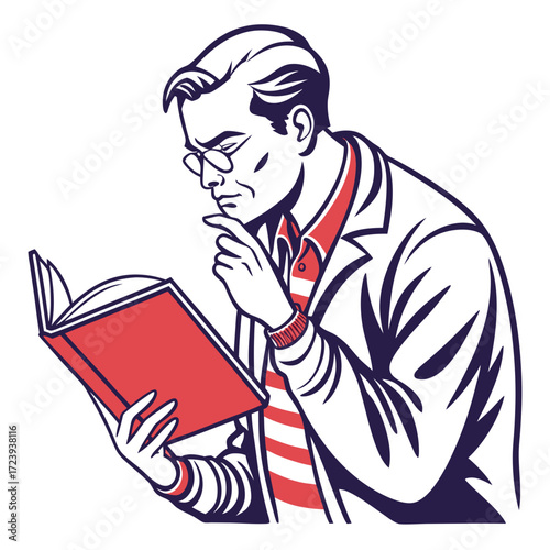 Thoughtful man wearing glasses reading a book with a pensive expression and finger on chin