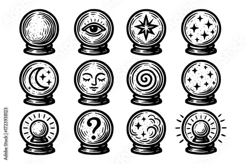 Mystic crystal balls with magical designs and symbols in black and white