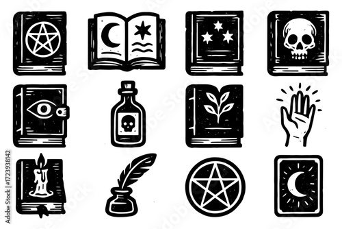 Mystical icons of magic and witchcraft in bold black and white graphic style