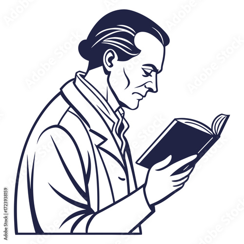 Vintage illustration of a man in a suit reading a book with intense focus and concentration