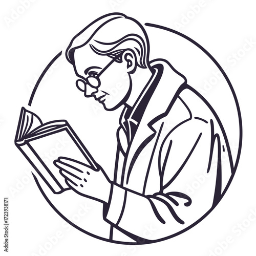 Vintage style illustration of a man wearing glasses and a coat reading a book inside a circle