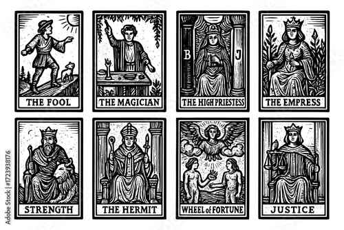 Vintage tarot card set featuring iconic major arcana with classic woodcut style