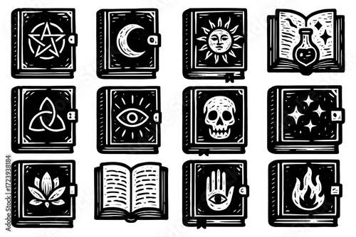 Mystical witchcraft books with occult symbols in monochrome art style